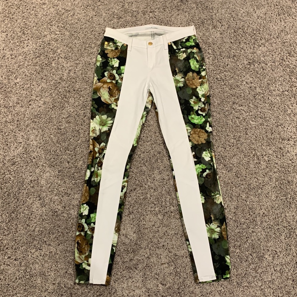 7 For All Mankind Floral Skinny Jeans - White and Green